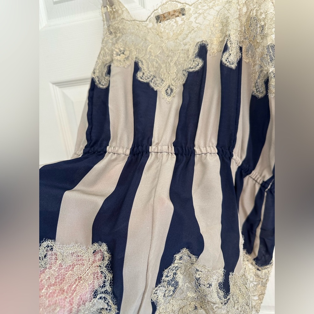 Rosamosario 100% Silk Bodysuit Playsuit Navy Cream Stripes Champagne Lace Silk - Picture 12 of 17